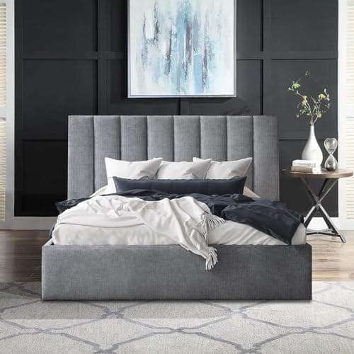Image of SANA SLEEP 5FT King Size Cotton Ottoman Gas Lift Fabric Storage Bed - Upholstered Double Bed Frame in Grey - Foot Lift Up Ottoman Bed