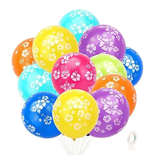 Image of HOWAF 35 Pcs Hawaiian Balloons Hibiscus Flower Printed Latex Balloons Multicoloured Hawaiian Theme Tropical Party Decorations for Luau Tiki Aloha Beach Summer Birthday Party Decoration Supplies