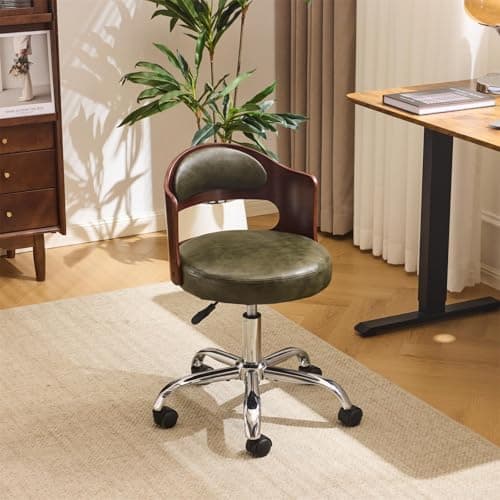 Image of Bonnlo Elegant Comfy Vanity Chair with/no Wheels Small Office Desk Chair Mid Century Walnut Swivel Dressing Table Ch With Adjustable Height for Home Office, Bedroom, Dressing Room, PU (Olive Green)