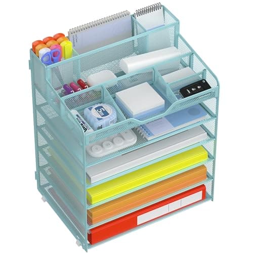 Image of Docnest Multi-Functional Desk Organizer Tray, 6 Tier Paper Letter Tray Organizer with 3 Pen Holder, Mesh Desktop Organizer and Storage with 5 Adjustable Compartments for Office Supplies-Blue