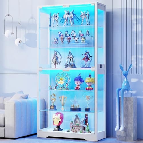 Image of BROTTAR 6 Tier Display Cabinet with Glass Door, 71" Display Case with 3 Color Lights, Bookcase Storage Cabinets with Adjustable Glass Shelves, Curio Cabinet with Human Body Sensor, White