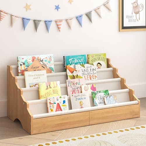 Image of ELYKEN 4-Tier Wooden Kids Bookshelf, Small Children's Bookcase with Open Canvas Storage, Book Shelf Kids Room, Montessori Style Toddler Bookshelf, Reading Corner for Nursery, Bedroom, Playroom, Beige
