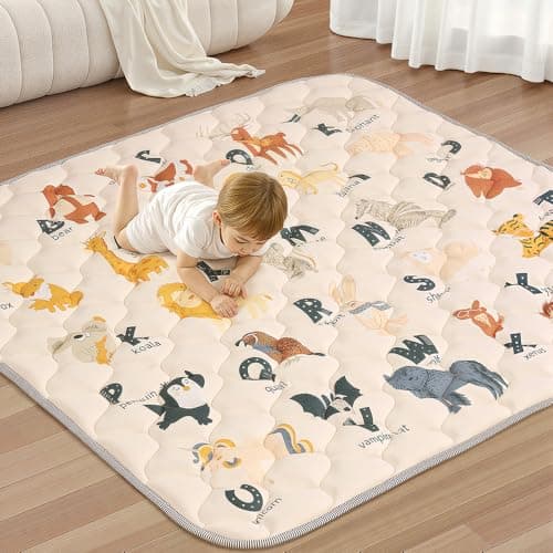Image of COMOMY Baby Play Mats for Floor, 127x127 cm Foldable Washable Baby Playmat for Playpen, Quilted Soft Padded Crawling Mat, Anti-Slip Activity Mat for Babies Toddlers and Kids, Beige