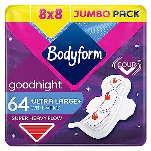 Image of Bodyform Ultra Goodnight Sanitary Towels with Wings, 64 (8 x 8 Packs) Period Pads for Night use, SecureFit Leakage Protection, Ultra-Breathable Top Layer