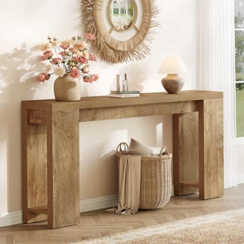 Image of LITTLE TREE 63" Farmhouse Console Table, Rustic Sofa Table Behind Couch, Narrow Hallway & Entryway Accent Table for Living Room, Entrance Hall (Light Oak Brown)
