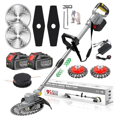 Image of Cordless Strimmer with Weed Brush 21V Grass Strimmer with 2 x 4.0Ah Battery and Charger Brushless Electric Garden Strimmer 4 in 1 Battery Strimmer Brush Cutter Adjustable Telescopic, Grey