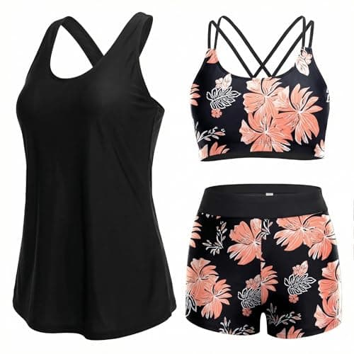 Image of 3 Piece Tankini Sets for Women UK, Swimming Costume Women's Tankinis, Ladies Swimwear Swim Shorts Tankini Top, Modest Swimsuits, Bikini Bathing Suits Wear (UK, Alpha, L, Regular, Regular, Black)