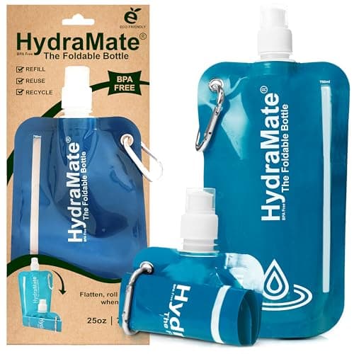 Image of HydraMate Collapsible Water Bottle - 750ml, BPA Free. Lightweight, Foldable, Roll Up, Squeezable Pouch, Carabiner Clip - Perfect for Travel, Festivals, Hiking, Camping. Blue
