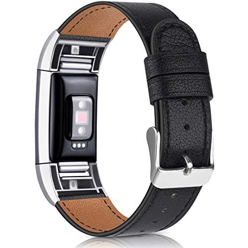 Image of Wanme For Fitbit Charge 2 Strap Leather Straps, Classic Adjustable Replacement Straps with Metal Connectors for Fitbit Charge 2 (01 Black, 5.5" - 8.1")