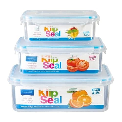 Image of 3-Piece Food Storage Containers Set with klipseal lid – Airtight, Leak-Proof, Durable Plastic Kitchen Containers in Small, Medium & Large Sizes – Perfect for Pantry, Fridge & Leftovers (3, RECT)
