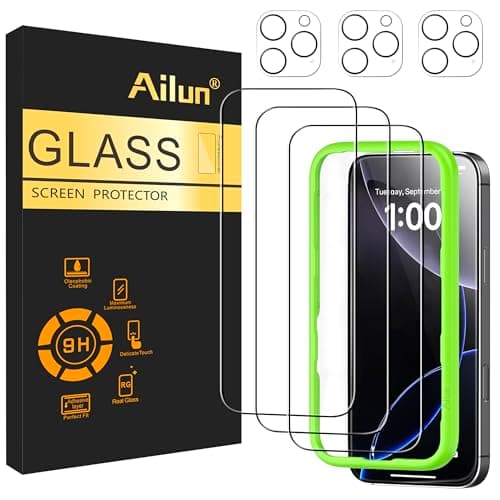 Image of Ailun 3 Pack Screen Protector for iPhone 16 Pro [6.3 inch] + 3 Pack Camera Lens Protector with Installation Frame,Case Friendly Tempered Glass Film,[9H Hardness] - HD [6 Pack]