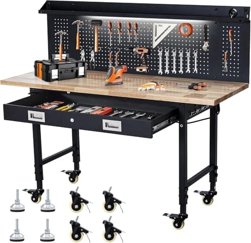 Image of Heavy Duty Workbench 60"x22" (153x56cm) with Rubber Wood Top and Pegboard – Adjustable Rolling Worktable with Drawer Storage, Power Outlet & Lockable Wheels, 2000 lb Capacity Hardwood Workbench