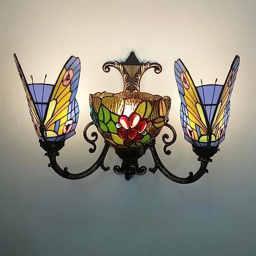 Image of WDBZTJ Tiffany Style Wall Sconce, Blue Butterfly Stained Glass Bedside Wall Lamp for Living Room Bedroom Bathroom Hallway Decorative (E27 *3 Bulb),15