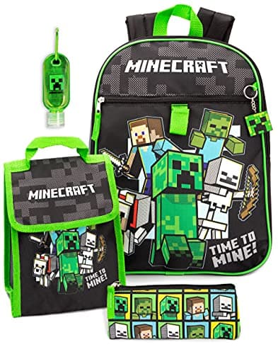 Image of Minecraft Backpack & Lunch Box Kids | 5 Piece Creeper Steve Zombie School Rucksack, Lunch Bag, Pencil Case, Keyring & Dispenser | Gamer Merchandise