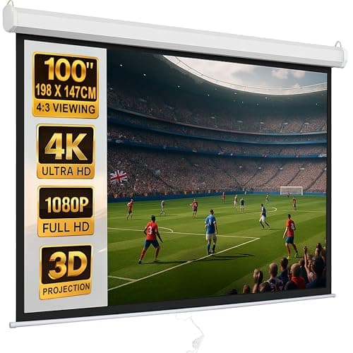 Image of 100 inch Pull Down Projector Screen 4:3 Retractable, Auto-Locking - Wall or Ceiling Mount, Large Projection Screens 4K/1080P/3D/HD Ready For Home Cinema, Office, or School (198x147cm / 78”x 58”)