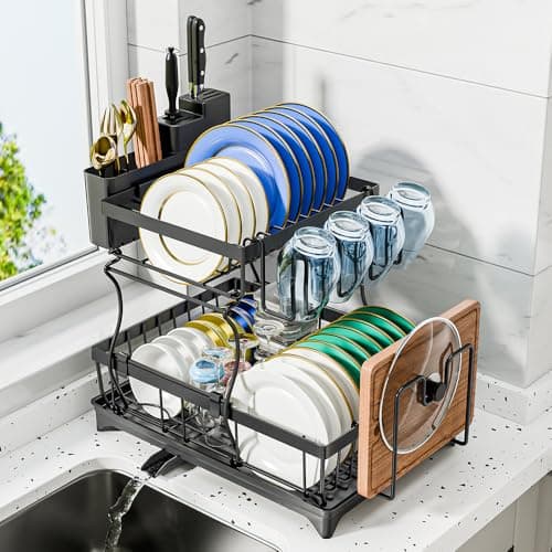 Image of Multibao 2 Tier Dish Drainer Rack for Kitchen Counter - Space-Saving Dish Rack with Chopping Board & Cutlery & Cup Holders, 360° Drain Spout, Large Capacity Dish Drying Rack with Draining Board, Black