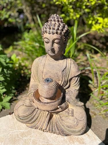 Image of allpondsolutions Meditating Buddha Water Feature with LED Lights - Solar - 36x29x50cm