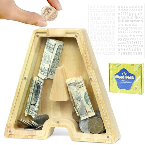 Image of Mikytoper Wooden Letter Money Box for Kids Personalised Piggy Bank Letter A-Z Transparent Money Bank Saving Coins Cash Change Creative Gift for Children Boys Girls Decorative Money Box (A)