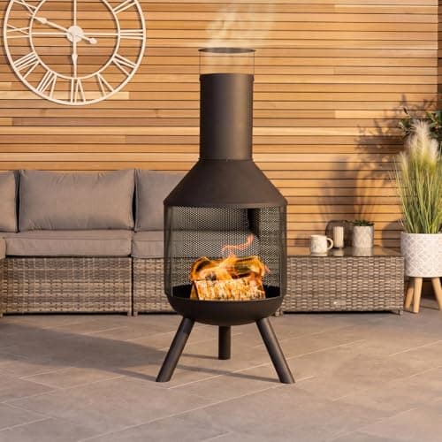 Image of CHARLES BENTLEY Outdoor, Garden, 44.5cm Round Iron And Black Powder Coated Steel Modern Patio Heater, Chimenea, Wood And Charcoal Burner, Rust Resistant, 360 Degree Heat, In Black (116x44.5x44.5cm)