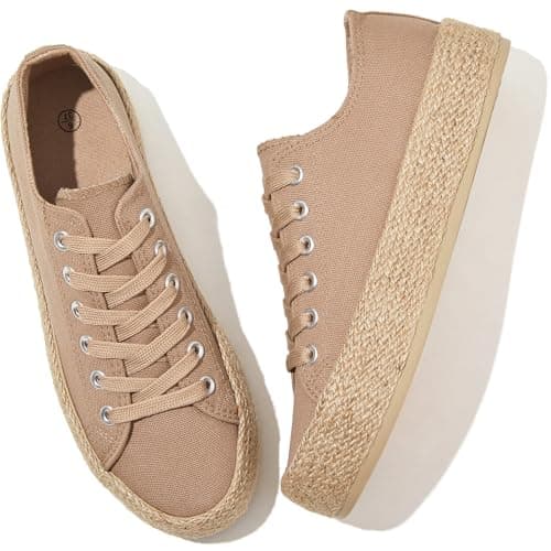 Image of Waluzs Canvas Shoes for Women White Platform Sneakers Low Top Lace Up Tennis Shoes Comfortable Casual Walking Shoes, Khaki, 6 UK