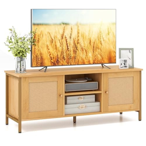 Image of COSTWAY TV Stand Cabinet for 55 Inch TVs, Wooden Media Entertainment Center with Rattan Effect Doors and Storage Shelves, 5 Metal Legs TV Unit Console Table for Living Room Bedroom (Natural+Gold)