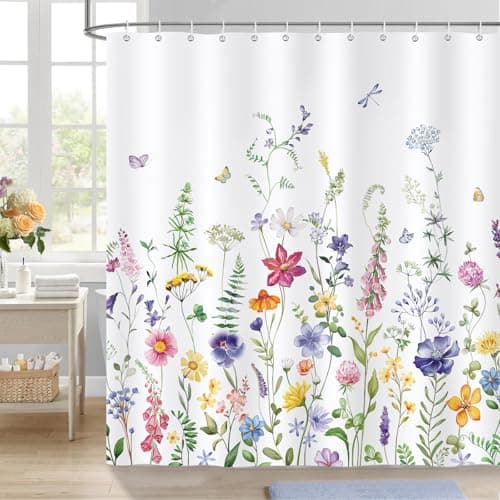 Image of Bonhause Floral Shower Curtain, Watercolor Wildflower Butterfly Spring Bathroom Curtain 180 x 180 cm Waterproof Mildew and Mould Resistant Polyester Fabric Bath Curtain with 12 Hooks