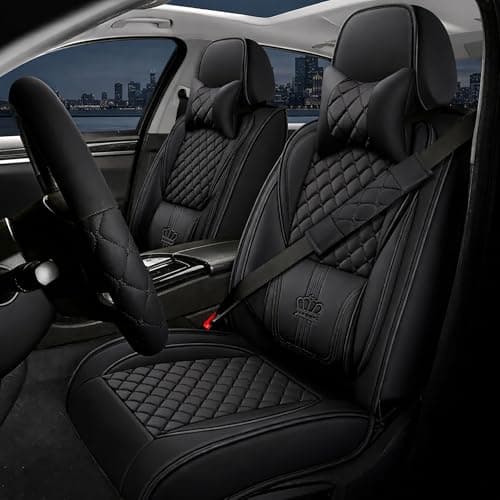 Image of Seat Covers Full Set, Car Seat Covers for 5 Seats, Waterproof Car Seat Protector, PU Leather Car Seat Cushion, Interior Covers with Steering Wheel Cover, Neck Pillows, Fit for Most Cars (Black)