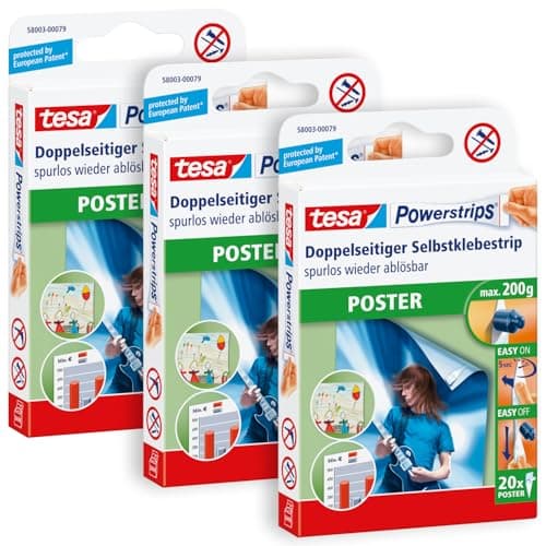 Image of tesa UK Powerstrips Poster - Double-Sided Adhesive Strip for Posters - Self-Adhesive Picture Hanging Strips, Tapered - Holds up to 200 g - Pack of 60, Clear, 58003