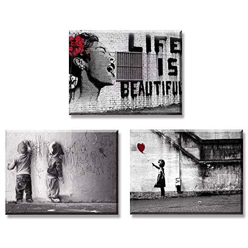 Image of Piy Painting 3X Canvas painting Modern Wall Art Graffiti Art Girl with balloon Picture on Canvas Photo image with Frame Waterproof Wall Décor for Home as Birthday Gift Present 30x40cm