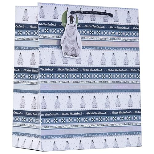 Image of Design By Violet Christmas Penguin Fairisle Medium Gift Bag – Stylish Silver Holo Foil Finish with Winter Wonderland Design and Rope Handle – Great for Books, Toys & Small Gifts