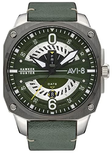 Image of AVI-8 Men's 45mm Hawker Hunter Hawker Hunter Green Japanese Quartz Watch with Leather Strap
