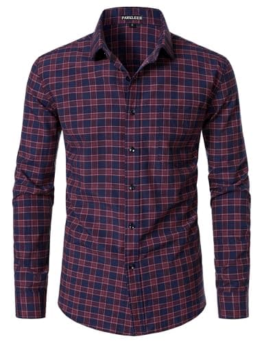 Image of PARKLEES Men's Lightweight Plaid Shirt Casual Slim Fit Checked Long Sleeve Button Down Shirts with Pocket Burgundy Navy Large