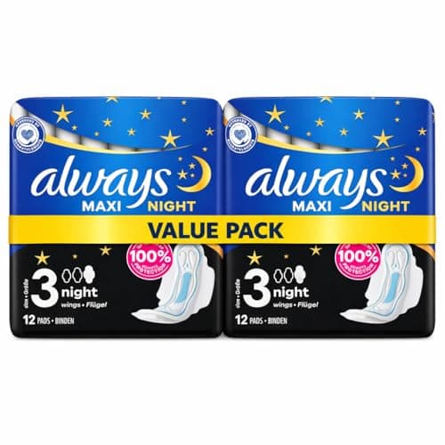 Image of Always Sanitary Towels Maxi Night with Wings - 24 Pads (Pack of 2 x 12) Overnight Sanitary Pads for Heavy Flow Protection, Leak Guard barriers, Extra Absorbent core, Individually Wrapped Secure fit