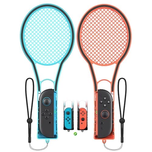 Image of FYOUNG Tennis Racket Pair for Nintendo Switch 2 Joy Cons, Hand Grips Compatible with Switch 2/OLED/Switch 1 Handle Grip Holder for Mario Tennis Fever & Aces Sports Game Accessories with Hand Staps