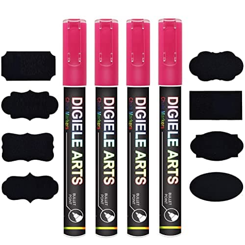 Image of DIGIELE Pink Chalk Marker Pens, 3mm Pink Liquid Pen Markers, Dry or Wet Wipe Erase, Reversible Bullet or Chisel Tip for Blackboard, Whiteboard, Window & Glass, 4 Pens + 16pcs Chalkboard Labels Packed