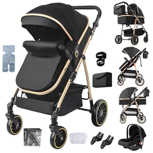 Image of Aveainelle 3 in 1 Baby Stroller, Travel System Reclining and Reversible, One-Click Folding Pushchair Pram, Infant Buggy with Complete Accessories, Front and Rear Wheel Dual Brake Mode (Black Gold)