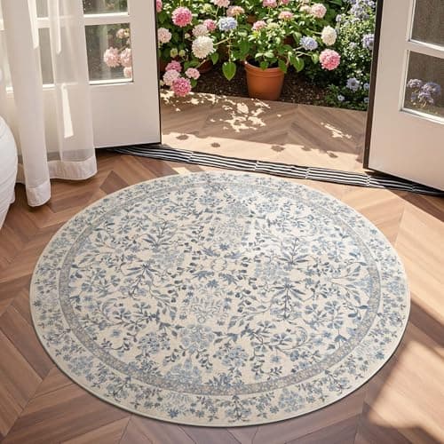 Image of TOPICK Vintage Floral Round Rug 150cm Soft Machine Washable Non Slip Low-Pile Circle Thin Rug for Living Room Kitchen Bedroom Dining Room Blue