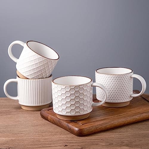 Image of GBHOME Set of 4 Stackable Ceramic Coffee Mugs 350ml - Textured Modern Cups for Tea/Latte/Cappuccino, Dishwasher & Microwave Safe, Gift for Men/Women