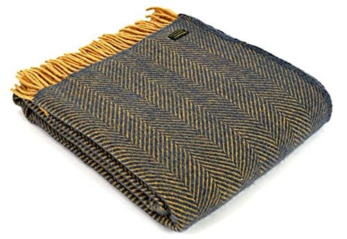Image of Tweedmill Textiles 100% Pure New Wool Herringbone Throw, Navy/Mustard, 150x180cm
