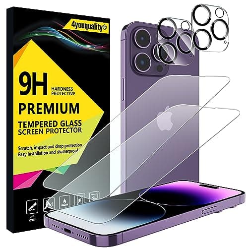 Image of 4youquality [4-in-1 Screen Protector for iPhone 14 Pro Max with Camera Lens Protector, Tempered Glass Film, 2-Pack Each, [LifetimeSupport][Impact-Resistant][Anti-Scratch][Ultra-Transparent]