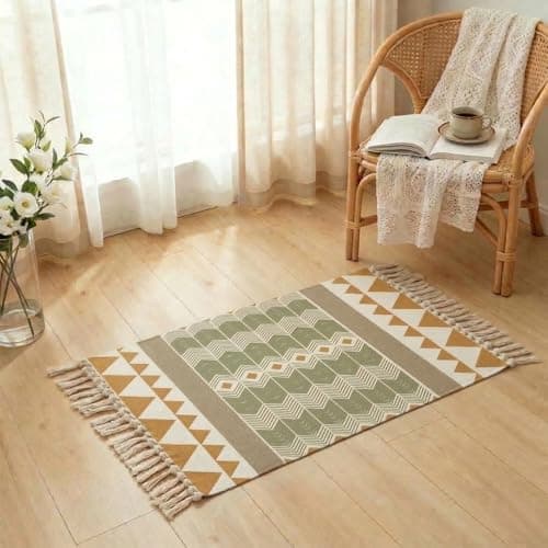 Image of MORROWCAMP Boho Cotton Small Rug 58x88 cm with Tassels, Woven Washable Rug, Soft Bedside Rug for Bedroom, Decorative Accent Rug for Entryway, Kitchen Indoor, Chevron Stripe