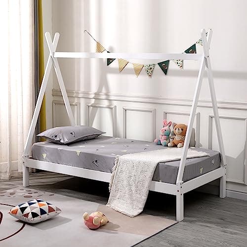 Image of SlumberWorx HARRY KIDS WOODEN TEEPEE TENT SINGLE BED FRAME OPTIONAL TRUNDLE & MATTRESS - GREY/WHITE (White, No Mattress)