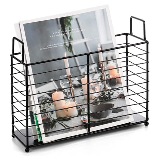 Image of Noamus Metal Magazine Rack, Newspaper Book Tablet Storage Basket, File Holder Mail Organizer Bin with Handles, Iron Wire Black Folder Stand Container for Home Office Bathroom Bedroom Den Living Room