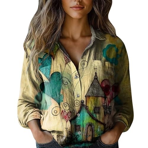 Image of Womens Dress Shirts Button Down 2025 Business Tops Women Cotton Shirt Printed Fashion Button Down Shirts Casual Tops Long Sleeve Blouse V Neck Distressed T Shirts Women (Beige, XL)