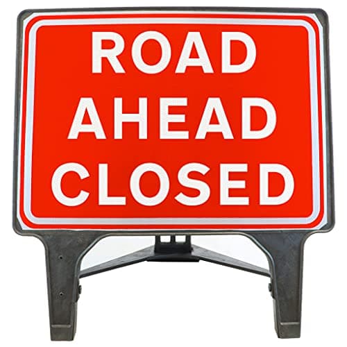 Image of Road Ahead Closed 1050x750mm Road Sign - Plastic Temporary Road Street Traffic Safety Sign for Road and Street Works - Freestanding with Reflective Sign Face