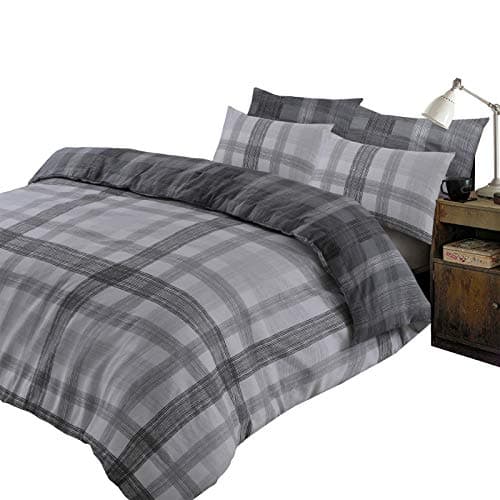 Image of Dreamscene Boston 100% Brushed Cotton Duvet Cover with Pillow Case Flannelette Thermal Tartan Check Bedding Set, Chracoal Grey Silver - Double