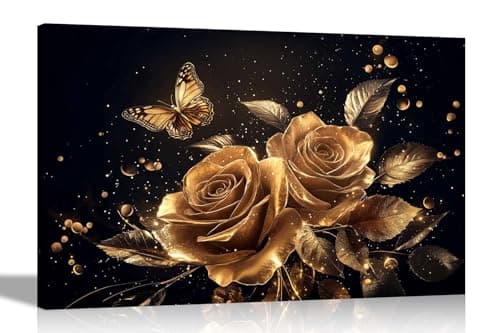 Image of Artley Prints - Abstract golden roses and butterflies Canvas Pictures for Wall in Living Room, Bedroom, Hallway, Kitchen Abstract 40 x 30cm (16 x 12 inches) A3