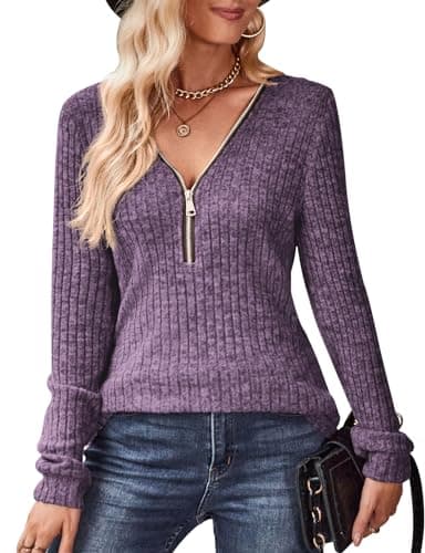Image of Gemulate Long Sleeve Tops Lilac Jumpers for Women Slim fit Tunic Ladies v Neck Pretty Sweatshirt Autumn Clothes Womens Deep Purple M