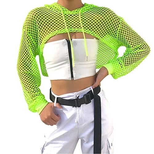 Image of Women Mesh Fishnet Top Long Sleeve Top Hollow Out Hoodie Crop Top Sexy Crochet See Through Party Clubwear Summer Beach Cover Up Shirt for Ladies (UK, Numeric, 8, 10, Regular, Regular, Neon Green)