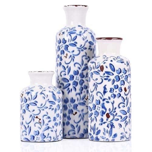 Image of Farmhouse Vase for Home Decor, Ceramic vase Set of 3. Vintage Flower Vase Suitable for Home Decor, Living Room, Shelf Decor, Dining Table Decor (Blue and White)